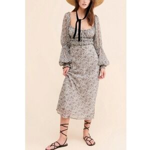 Free People Aglow Floral Smocked Midi Dress, Grey‎ Multi,XS